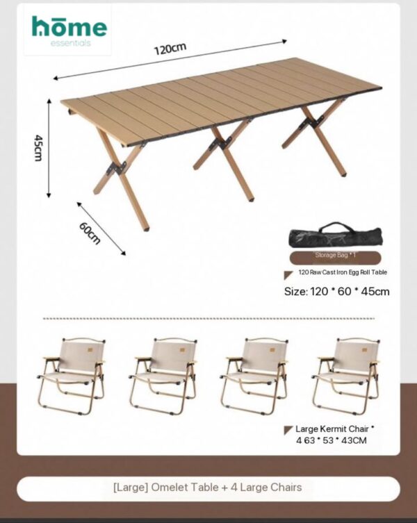 Table d'extérieur et de camping pliable 120cm Beige avec sac de rangement et 4 chaises Kermit Beiges