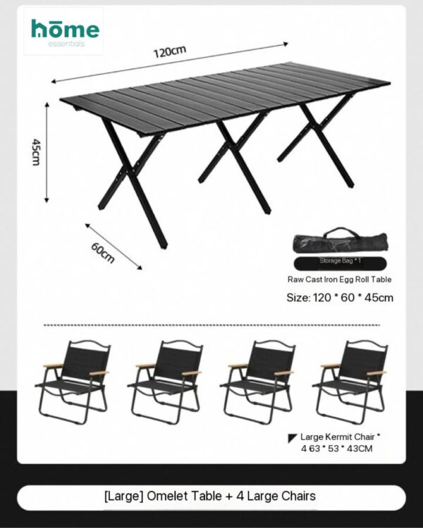 Table d'extérieur et de camping pliable 120cm Noire avec sac de rangement et 4 chaises Kermit Noires