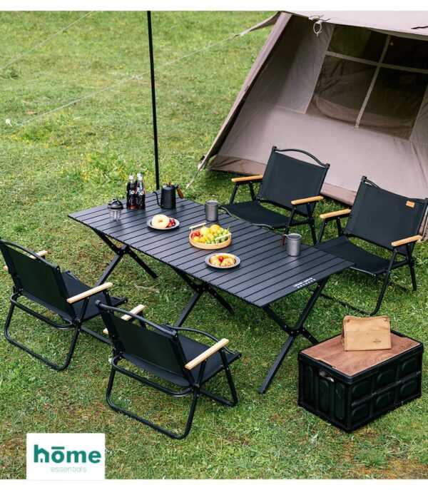 Table d'extérieur et de camping pliable 120cm Noire avec sac de rangement et 4 chaises Kermit Noires – Image 4