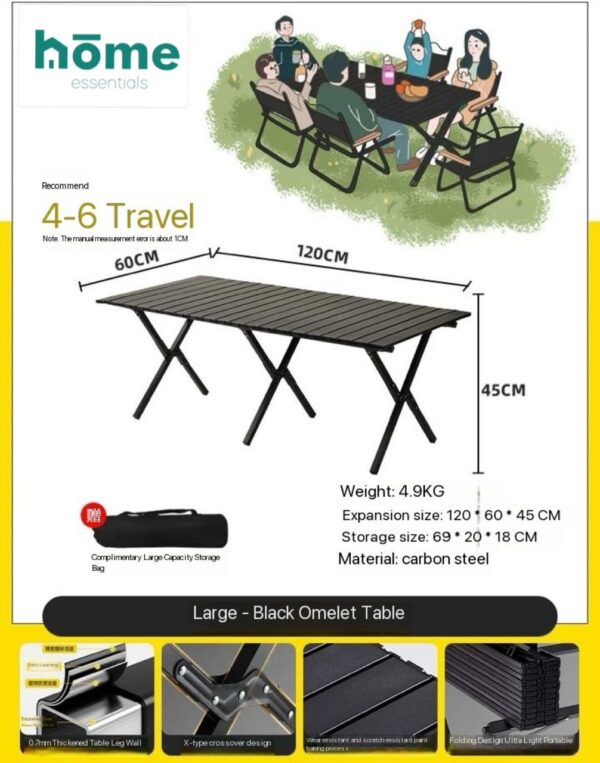 Table d'extérieur et de camping pliable 120cm Noire avec sac de rangement et 4 chaises Kermit Noires – Image 5