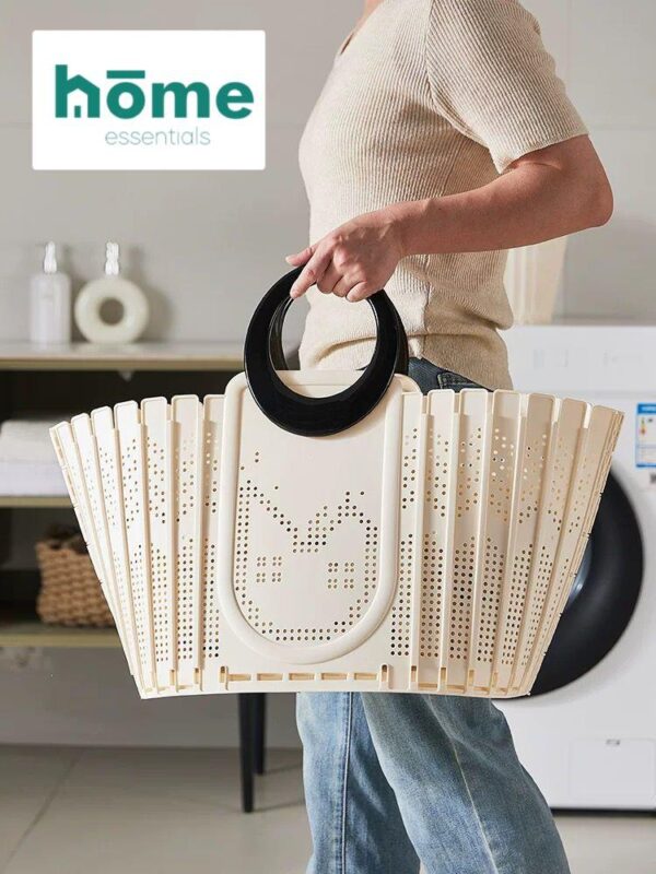 Panier à linge ou de course pliable - petit format (Beige noire - Beige ocre) – Image 3